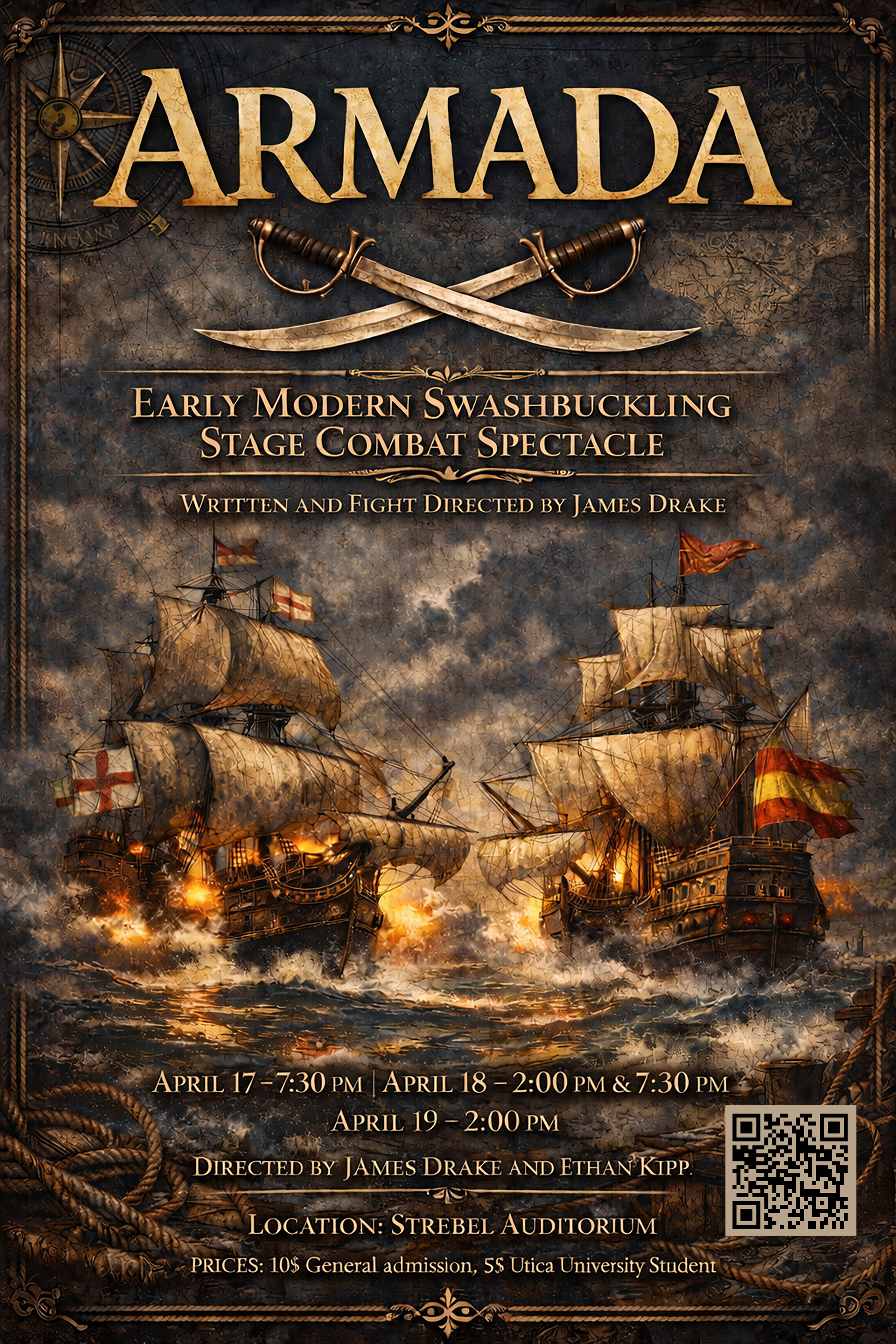 Poster of two ships in the sea at battle. Title says "Armada" and features details of the April performances.