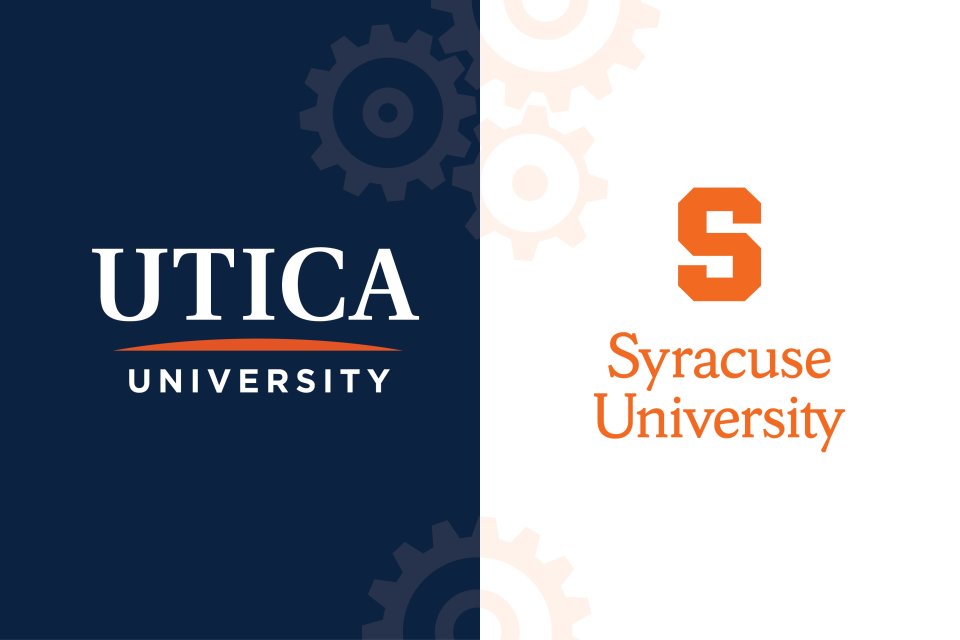 Utica University and Syracuse University logos side by side with gears faded in the middle.